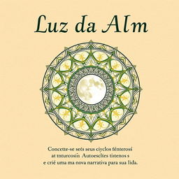 Book cover design for 'Luz da Alma: A Transformação Pessoal através Autoescrita Lunar', featuring a serene and inviting interactive lunar mandala as the central theme