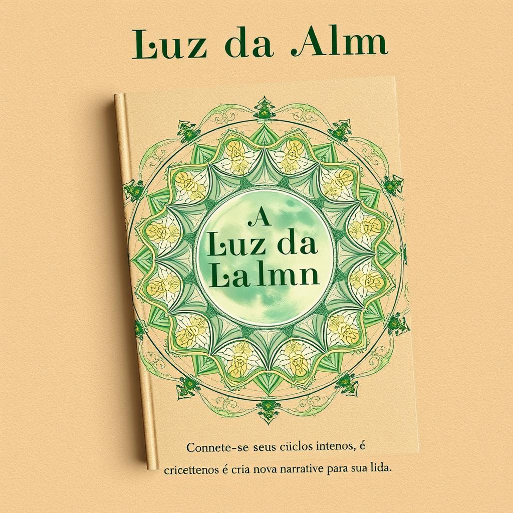 Book cover design for 'Luz da Alma: A Transformação Pessoal através Autoescrita Lunar', featuring a serene and inviting interactive lunar mandala as the central theme