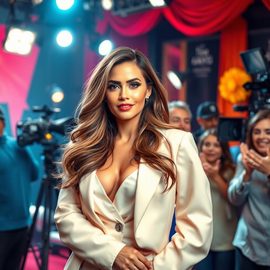 A glamorous film set with a confident actress styled in high-fashion attire, surrounded by bright studio lights and an enthusiastic crew