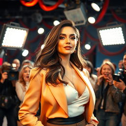 A glamorous film set with a confident actress styled in high-fashion attire, surrounded by bright studio lights and an enthusiastic crew