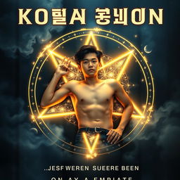 A captivating book cover featuring a handsome Korean teenager lying in the center of a glowing pentagram, his pose relaxed and serene