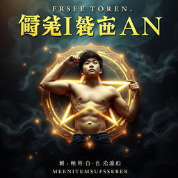 A captivating book cover featuring a handsome Korean teenager lying in the center of a glowing pentagram, his pose relaxed and serene