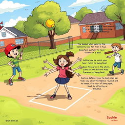 A vibrant and energetic illustration showcasing a school playground during recess, filled with excitement as children play softball