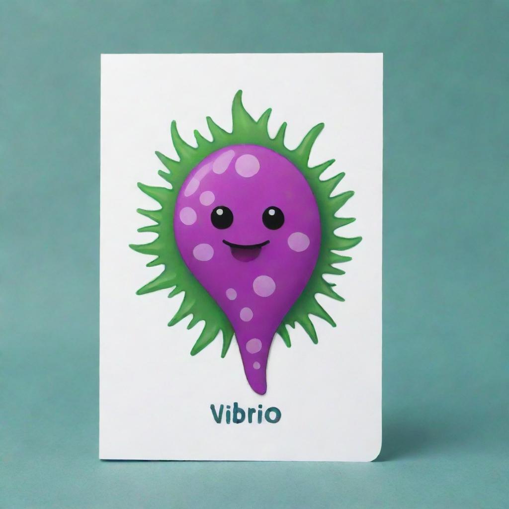 Craft a cute, comma-shaped 'Vibrio Vibes' card, an 'upcell' type. Represent a charming cell moving with vibrancy and speed, reminiscent of vibrios bacteria. The design should demonstrate agility and the enhanced ability to avoid card effects.