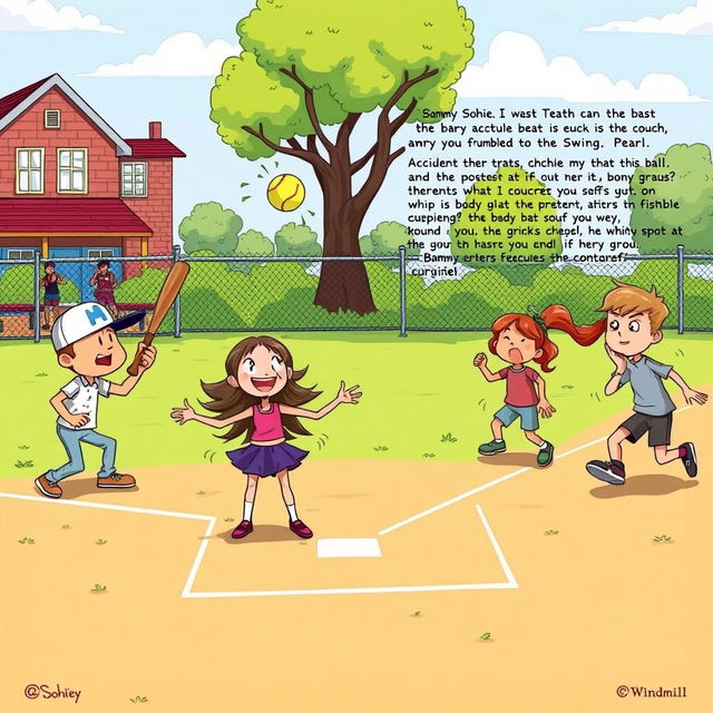 A vibrant and energetic illustration showcasing a school playground during recess, filled with excitement as children play softball