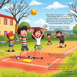 A vibrant and energetic illustration showcasing a school playground during recess, filled with excitement as children play softball