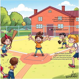 A vibrant and energetic illustration showcasing a school playground during recess, filled with excitement as children play softball