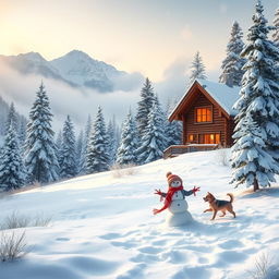 A serene winter landscape featuring a cozy wooden cabin nestled among snow-covered pine trees