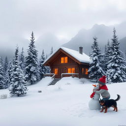 A serene winter landscape featuring a cozy wooden cabin nestled among snow-covered pine trees