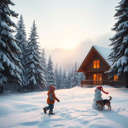 A serene winter landscape featuring a cozy wooden cabin nestled among snow-covered pine trees