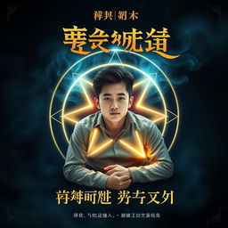 A visually striking book cover featuring a handsome Korean teenager lying in the center of a glowing pentagram