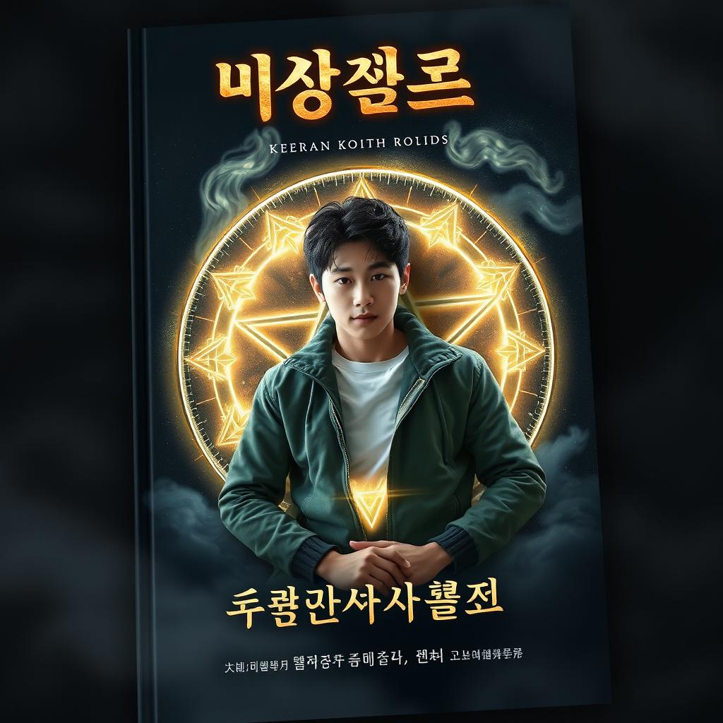 A visually striking book cover featuring a handsome Korean teenager lying in the center of a glowing pentagram