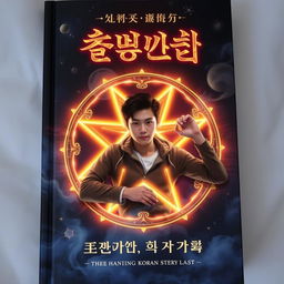 A visually striking book cover featuring a handsome Korean teenager lying in the center of a glowing pentagram