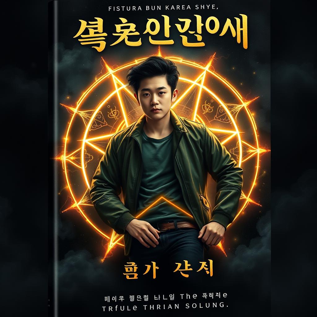 A visually striking book cover featuring a handsome Korean teenager lying in the center of a glowing pentagram