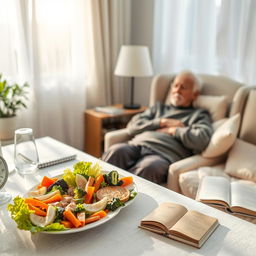 A serene and balanced scene depicting an elderly person enjoying a healthy lunch at a beautifully set dining table