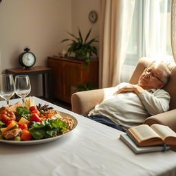 A serene and balanced scene depicting an elderly person enjoying a healthy lunch at a beautifully set dining table