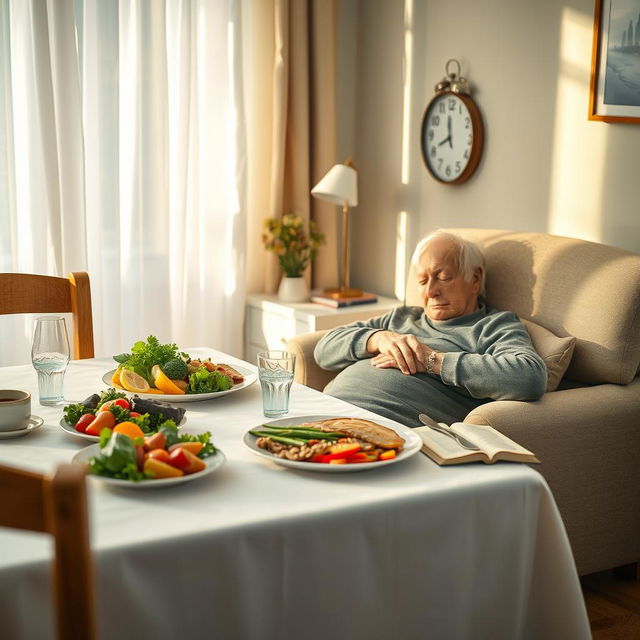 A serene and balanced scene depicting an elderly person enjoying a healthy lunch at a beautifully set dining table