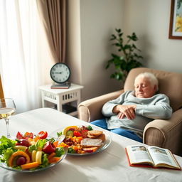 A serene and balanced scene depicting an elderly person enjoying a healthy lunch at a beautifully set dining table