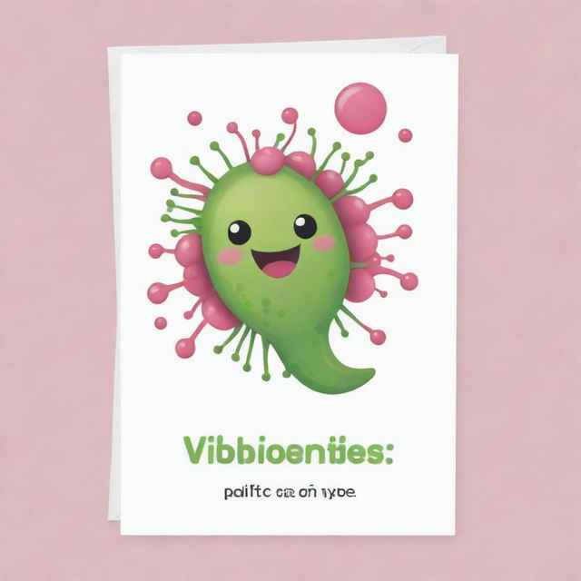 Design an adorable, comma-shaped 'Vibrio Vibes' card, an 'upcell' type. The card should illustrate a lively, cartoon-style cell moving with the agility and speed of vibrios bacteria, showcasing the ability to evade card effects.