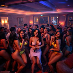 A vibrant, energetic scene of a diverse adult party, featuring multiple couples and groups engaging in lively interactions