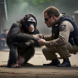 A thrilling action scene of a tactically trained chimp, wearing minimal gear, skillfully handcuffing a human suspect, with police dogs nearby