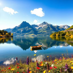 A serene landscape featuring a tranquil lake surrounded by majestic mountains under a clear blue sky with a few fluffy white clouds