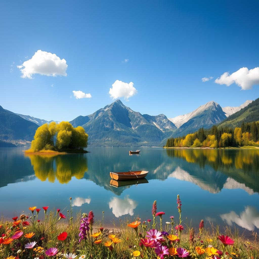 A serene landscape featuring a tranquil lake surrounded by majestic mountains under a clear blue sky with a few fluffy white clouds