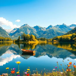 A serene landscape featuring a tranquil lake surrounded by majestic mountains under a clear blue sky with a few fluffy white clouds