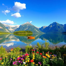 A serene landscape featuring a tranquil lake surrounded by majestic mountains under a clear blue sky with a few fluffy white clouds