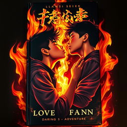 A captivating book cover featuring three Asian teenage boys sharing a passionate kiss amidst a backdrop of vibrant flames