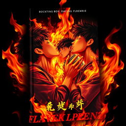 A captivating book cover featuring three Asian teenage boys sharing a passionate kiss amidst a backdrop of vibrant flames