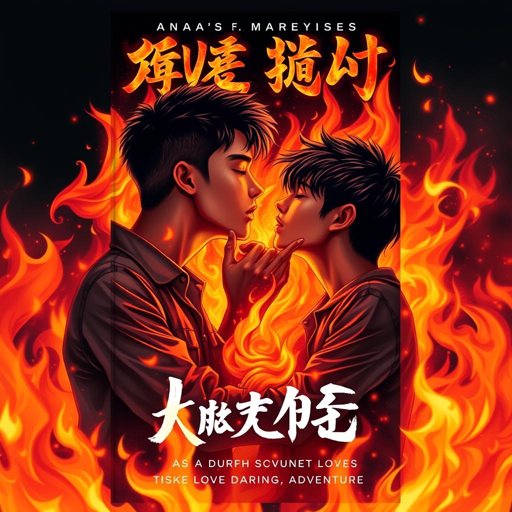 A captivating book cover featuring three Asian teenage boys sharing a passionate kiss amidst a backdrop of vibrant flames