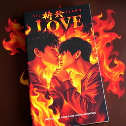 A captivating book cover featuring three Asian teenage boys sharing a passionate kiss amidst a backdrop of vibrant flames