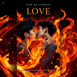 A dramatic book cover featuring three Asian teenage boys sharing an intimate kiss amidst a swirling background of vibrant, mesmerizing flames