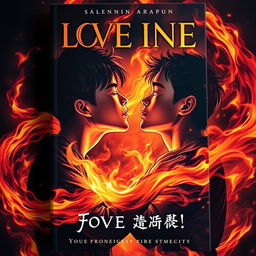 A dramatic book cover featuring three Asian teenage boys sharing an intimate kiss amidst a swirling background of vibrant, mesmerizing flames