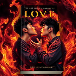 A dramatic book cover featuring three Asian teenage boys sharing an intimate kiss amidst a swirling background of vibrant, mesmerizing flames