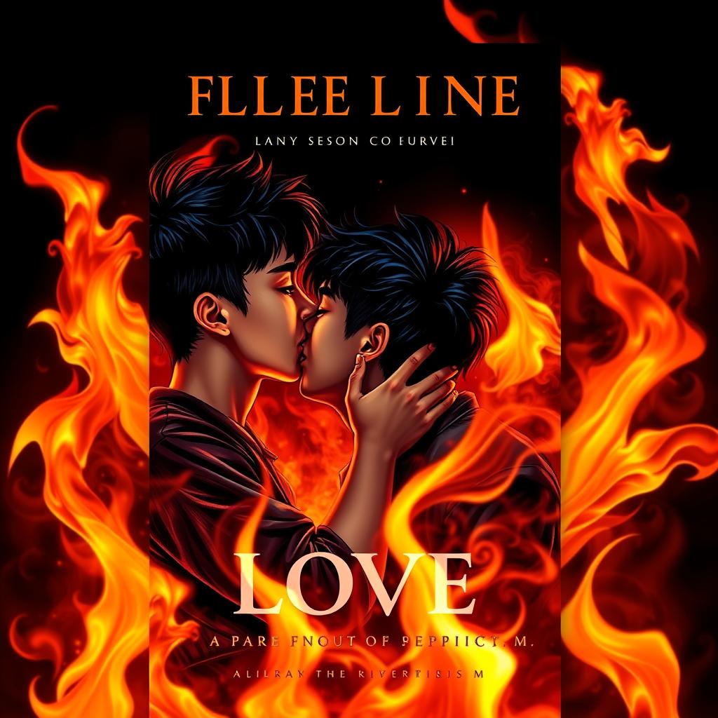 A dramatic book cover featuring three Asian teenage boys sharing an intimate kiss amidst a swirling background of vibrant, mesmerizing flames