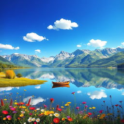 A serene landscape illustrating a tranquil lake surrounded by majestic mountains under a clear blue sky with a few fluffy white clouds