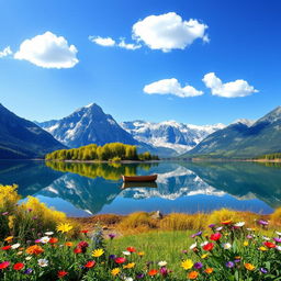 A serene landscape illustrating a tranquil lake surrounded by majestic mountains under a clear blue sky with a few fluffy white clouds