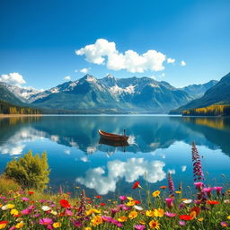 A serene landscape illustrating a tranquil lake surrounded by majestic mountains under a clear blue sky with a few fluffy white clouds