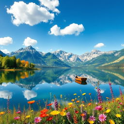 A serene landscape illustrating a tranquil lake surrounded by majestic mountains under a clear blue sky with a few fluffy white clouds