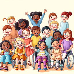 A heartwarming scene filled with happy little girls and boys, representing diverse backgrounds such as European, Asian, and African nationalities