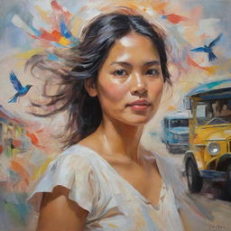 In an Impressionistic style, depict a Filipina woman in characteristic loose brushwork and light colors. She's surrounded by swirling representations of the Philippine archipelago, a jeepney, and a sunbird, all rendered through the fleeting impression of light and color.