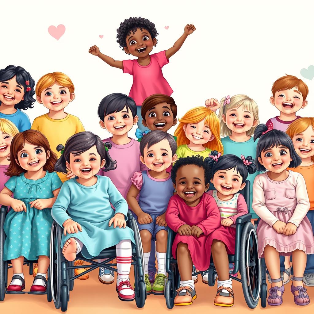 A heartwarming scene filled with happy little girls and boys, representing diverse backgrounds such as European, Asian, and African nationalities