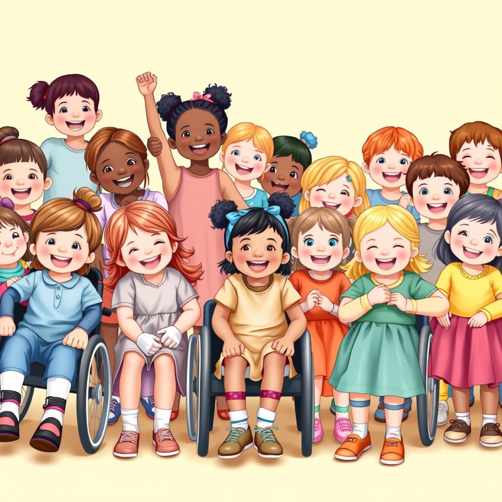 A heartwarming scene filled with happy little girls and boys, representing diverse backgrounds such as European, Asian, and African nationalities