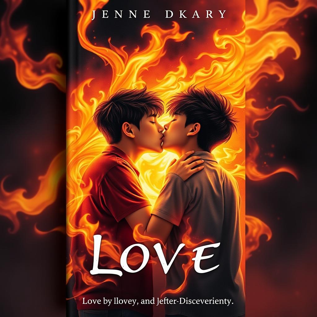 A compelling and visually striking book cover featuring three Asian teenage boys passionately kissing amidst a dazzling backdrop of swirling flames