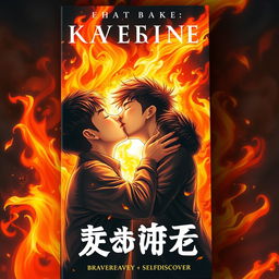 A compelling and visually striking book cover featuring three Asian teenage boys passionately kissing amidst a dazzling backdrop of swirling flames