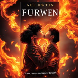 A compelling and visually striking book cover featuring three Asian teenage boys passionately kissing amidst a dazzling backdrop of swirling flames