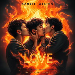 A compelling and visually striking book cover featuring three Asian teenage boys passionately kissing amidst a dazzling backdrop of swirling flames