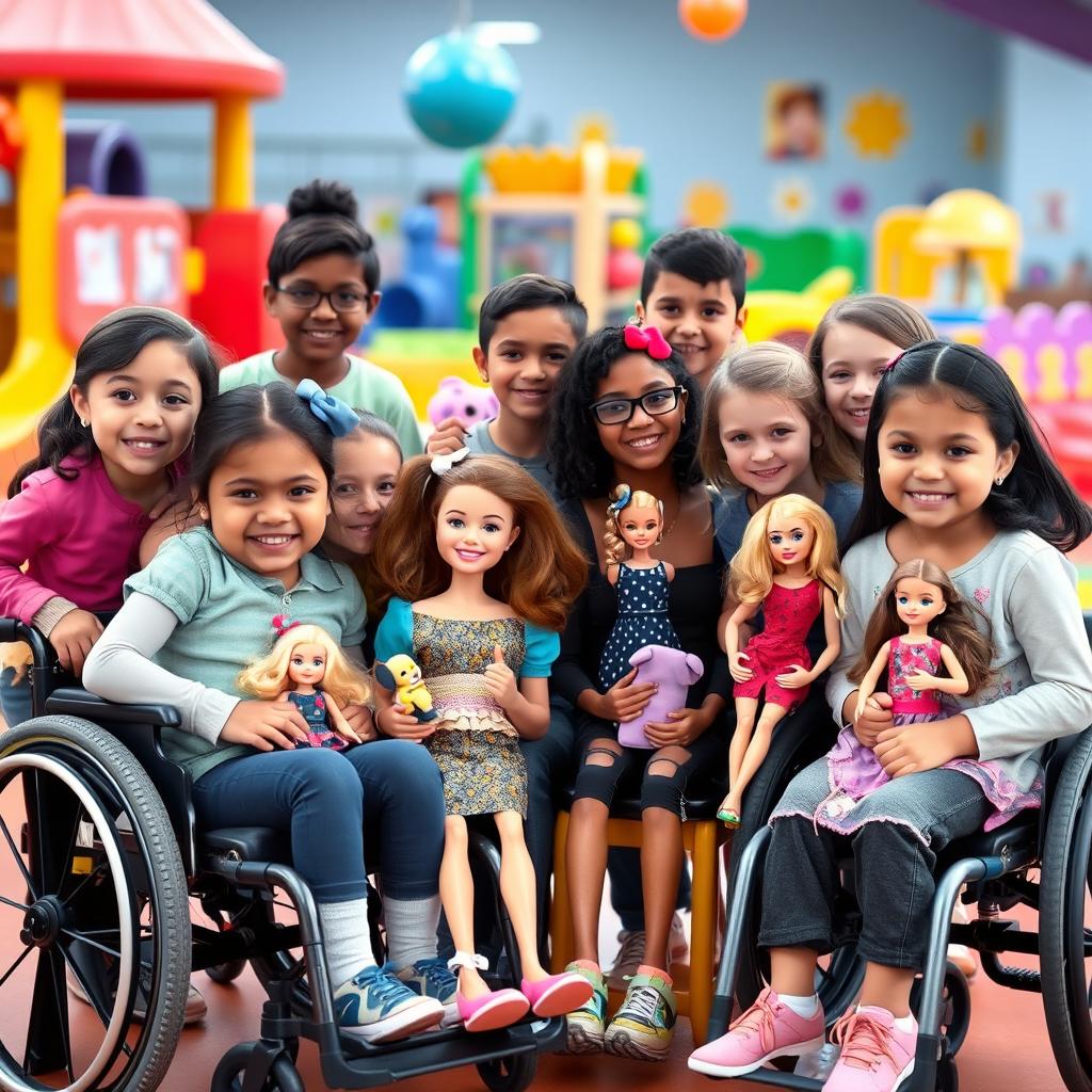 A joyful scene featuring real little girls and boys with disabilities, showcasing their determination and spirit